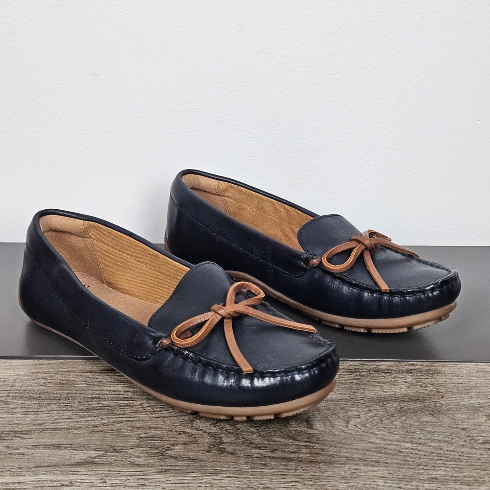 Clarks Collection Shoes Sz 7 Dameo Swing Driving Loafers Bow Accent Navy Leather
